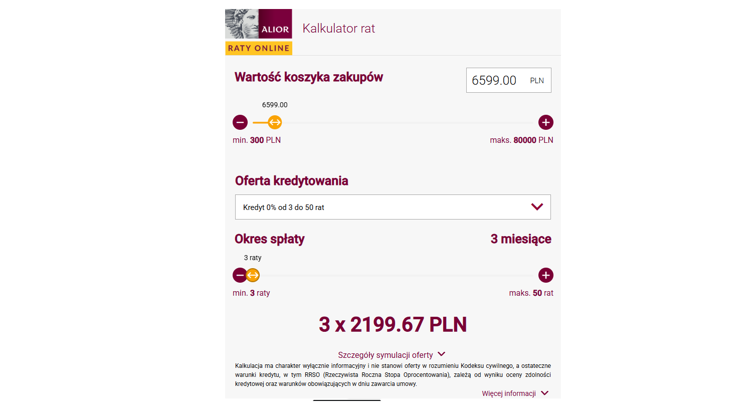 Kalkulator rat Alior Banku — wartość koszyka i liczba rat