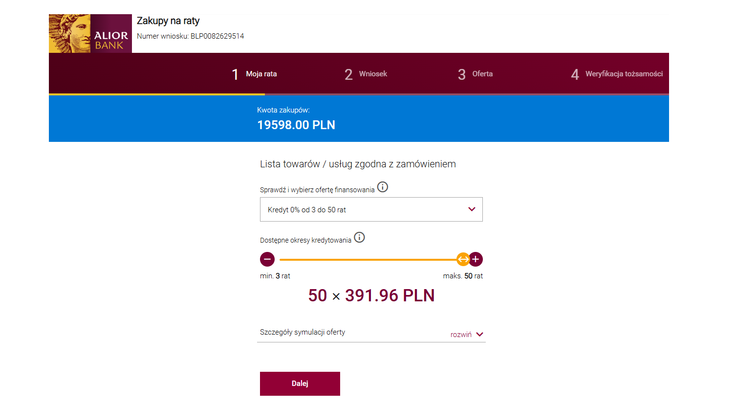 Formularz wniosku ratalnego na stronie Alior Banku